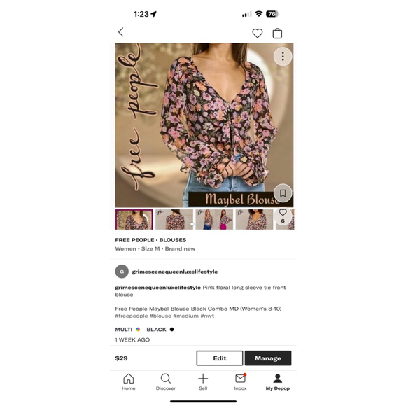 Free People Tops - Women's Free People Floral Blouse Size M Black Multi
